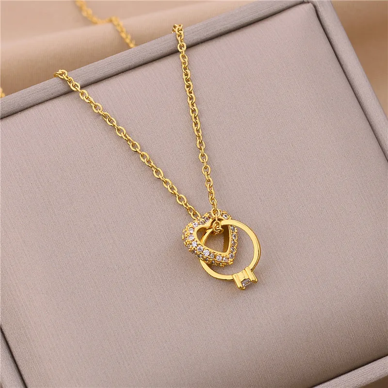 Fashion Personality Love Peach Heart Double Ring Necklace Ladies Korean Trendy Confession Ring Clavicle Chain Pendant Gift