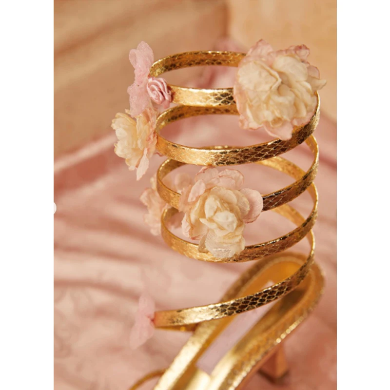 Gold Floral Ankle Wrap Square Toe Stiletto Sandals Woman Summer 2026 3D Flower Decor High Heels for Wedding Prom Party Dress