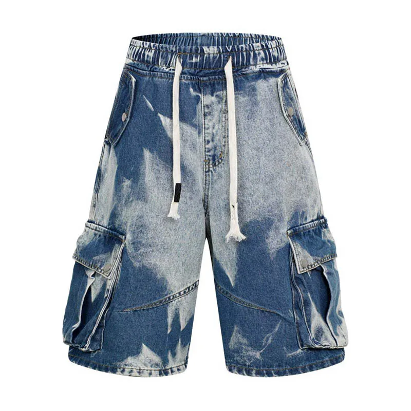

Hip Hop Tie Dye Printed Jeans Pants Elastic Waist Casual Streetwear Denim Shorts For Male