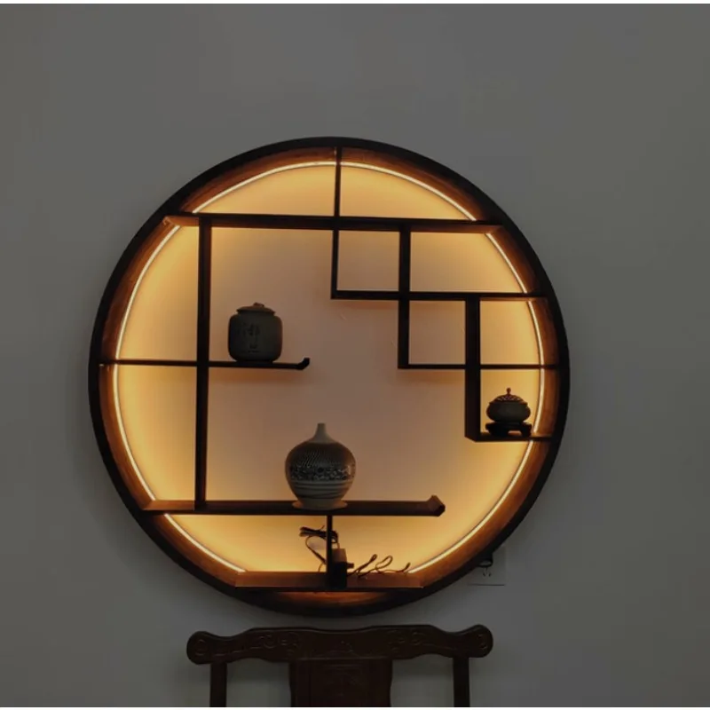 Solid wood Duobao Pavilion wall bogu frame teacup tea set storage rack Chinese retro plaid wall hanging display rack