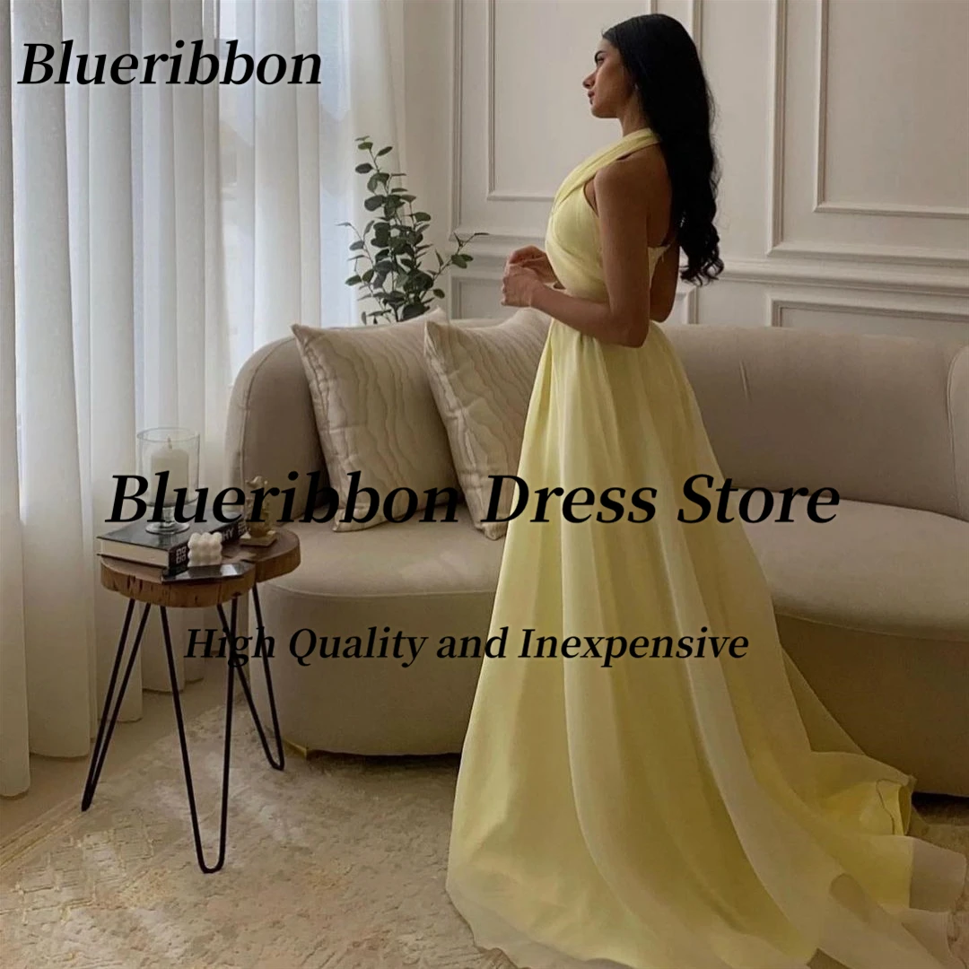 Blueribbon Light Yellow A Line Long Prom Dresses Summer Ladies Wear Halter Neck Sexy Backless Birthday Party Evening Formal Gown