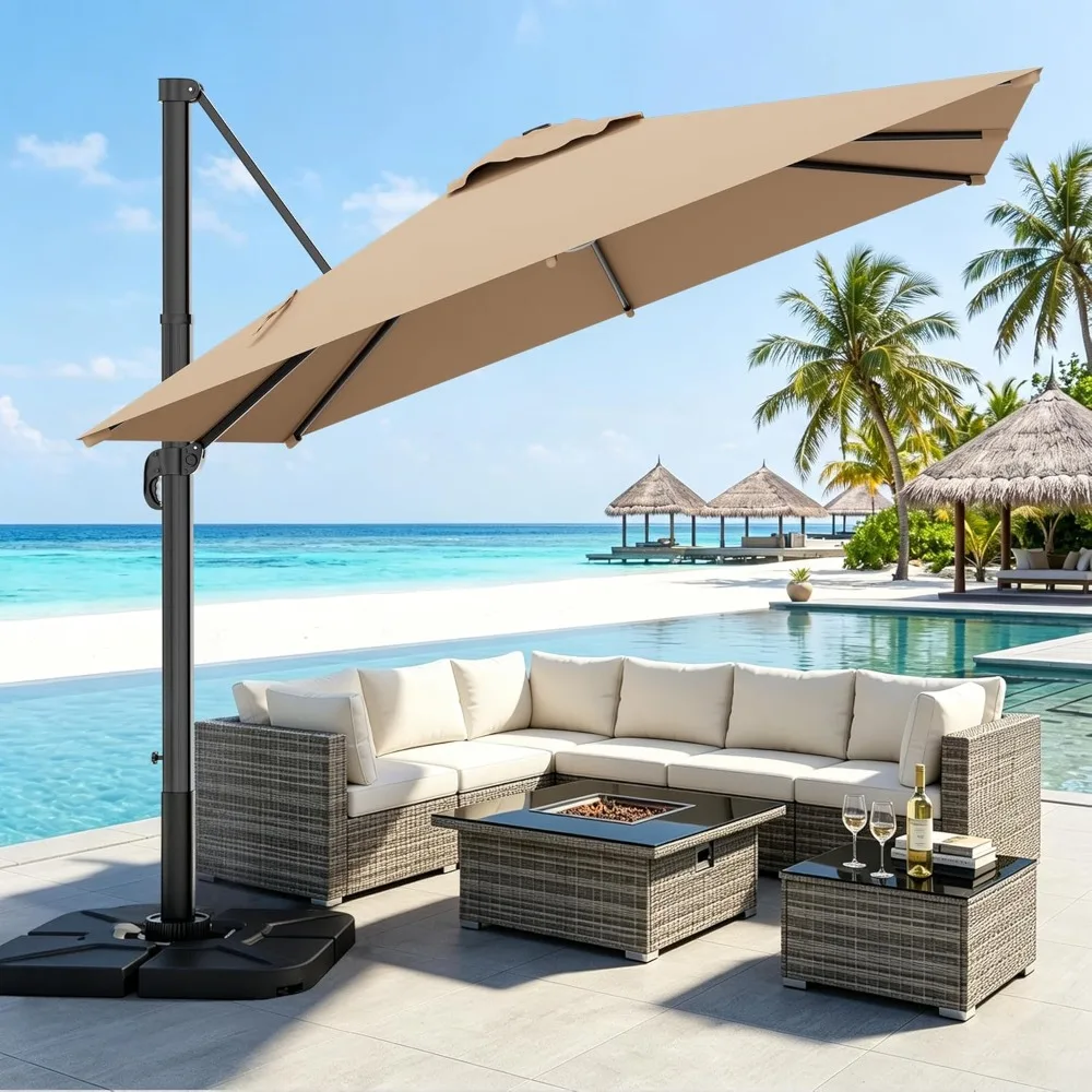 

10 × 10FT Square Cantilever Patio Umbrella with Base Included, 360° Rotation Offset Outdoor Umbrella, 5 Tilt, Customized