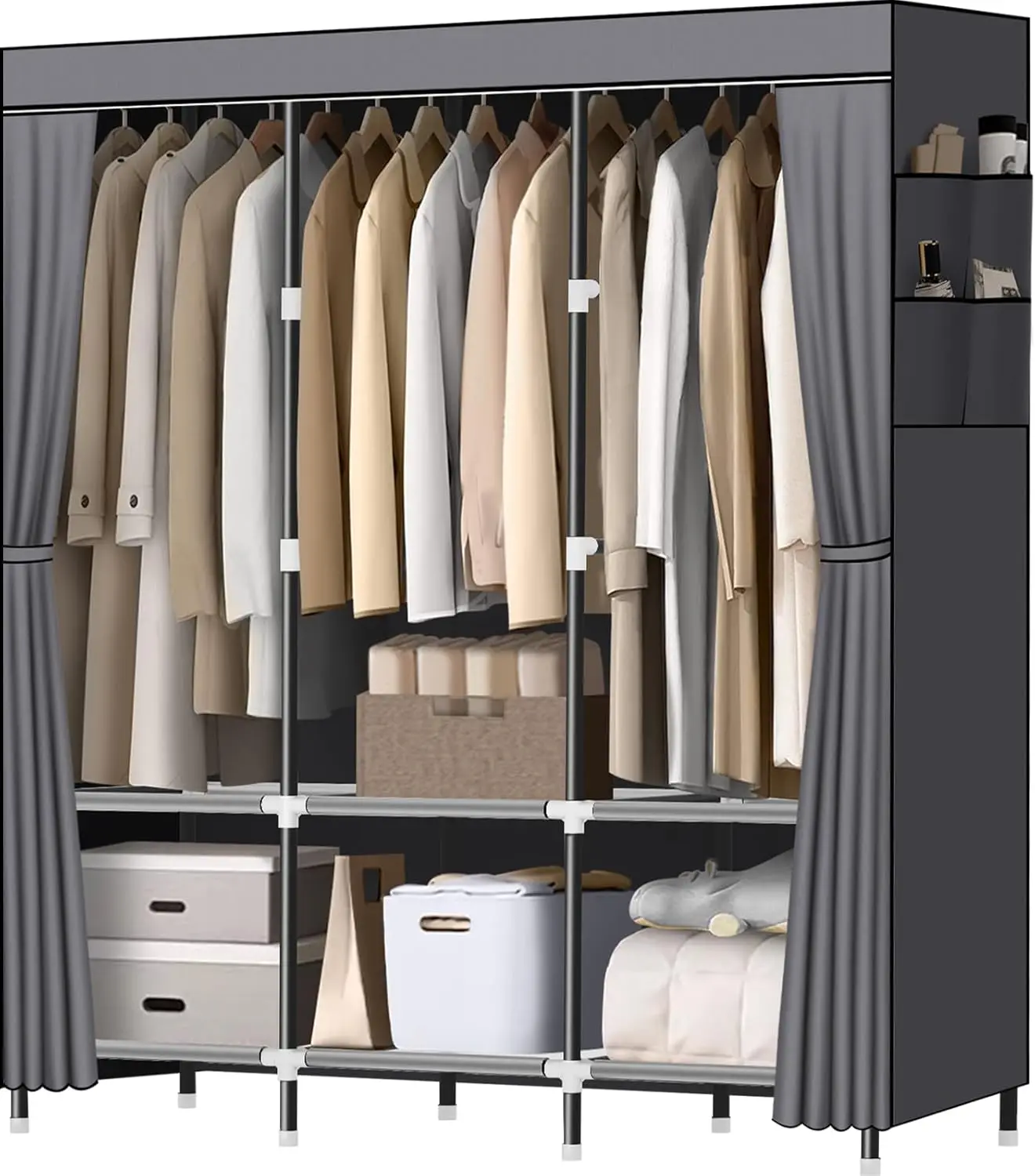 

Portable Closet with Steel Frame, 3 Hanging Rods, 6 Shelves & Side Pockets for Bedroom Storage