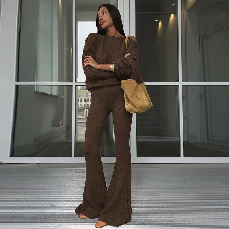 

Новый модный комплект из двух предметов, женский костюм, сексуальный свободный костюм с открытыми плечами, блузки, топы + повседневные расклешенные брюки, комплекты уличной женской одежды