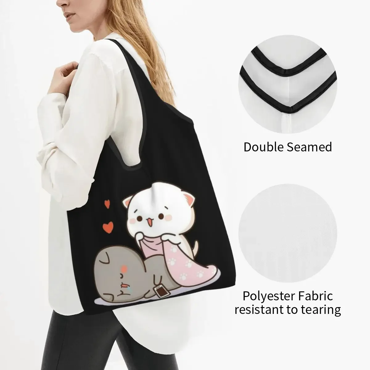 Custom Peach And Goma Mochi Cat Groceries Shopping Bags  Shopper Shoulder Tote  Big Capacity Portable Handbag