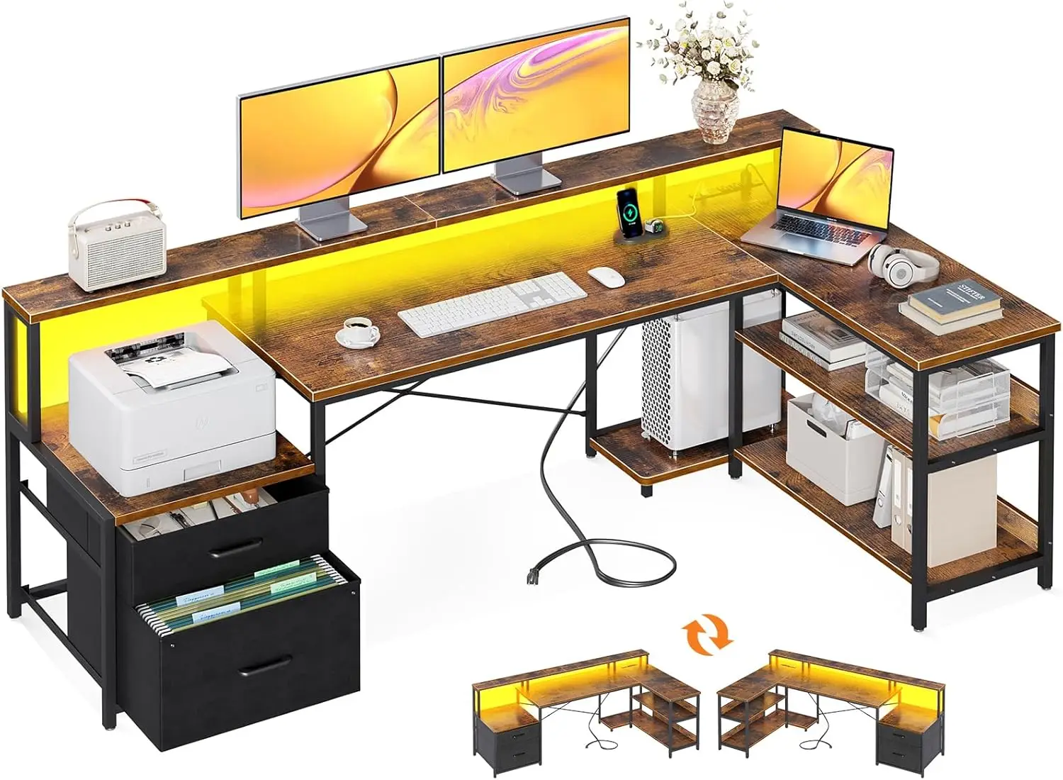 

L Shaped Desk with File Drawer, 75" Reversible L Shaped Computer Desk with Power Outlet & LED Strip, Office Desk Storage Shelves