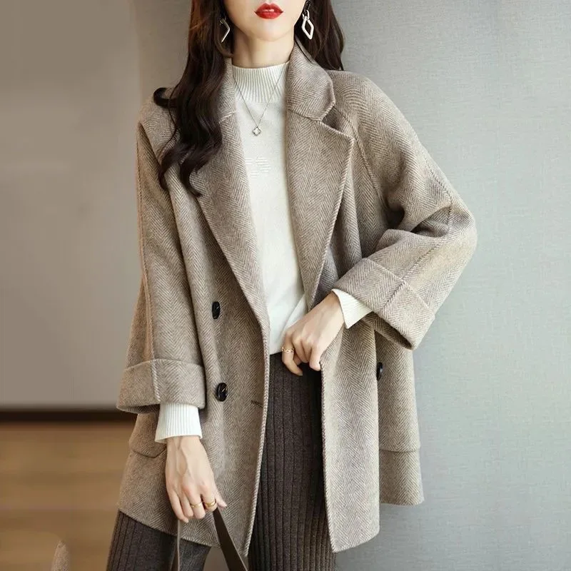 

Woolen Jacket Women Elegant Coats Loose-fit Office Trench Fashion Blazer Double Breasted Outer Wear Autumn Winter Large Size