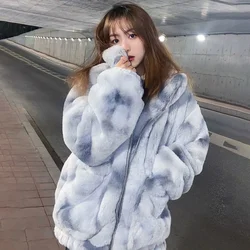 Tie-Dyed Lamb Wool Jacket Women Overcoat Autumn Winter New Rex Rabbit Plush Fur Jacket Stand Collar Thick Warm Loose Cotton Coat