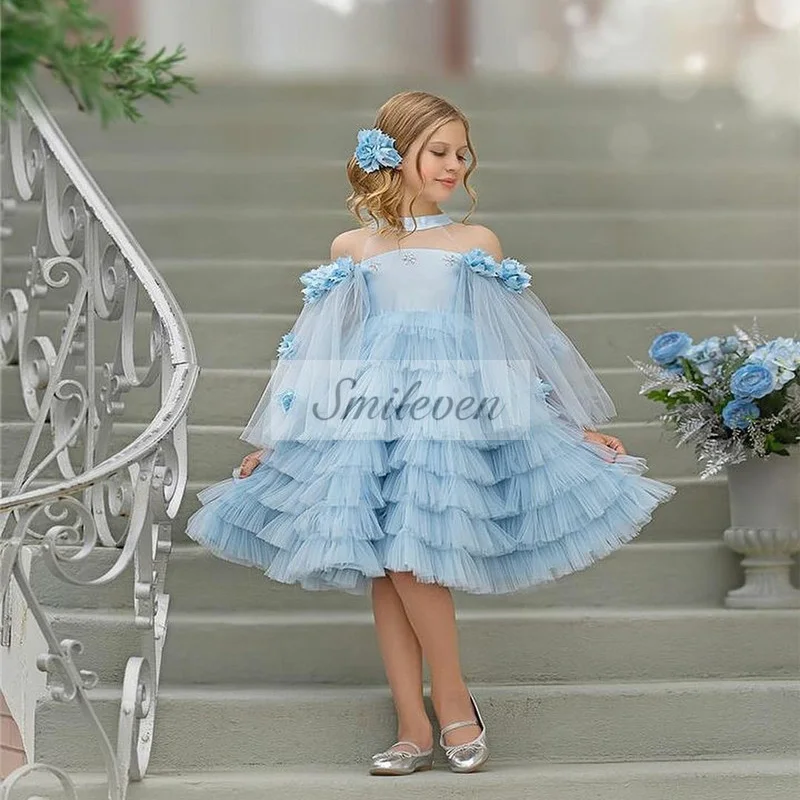 

Smileven Sky Blue Flower Girl Dress 5-6th Puff Tulle Knee Length Communion Party Gowns 3D Flower vestidos para niñas Customized