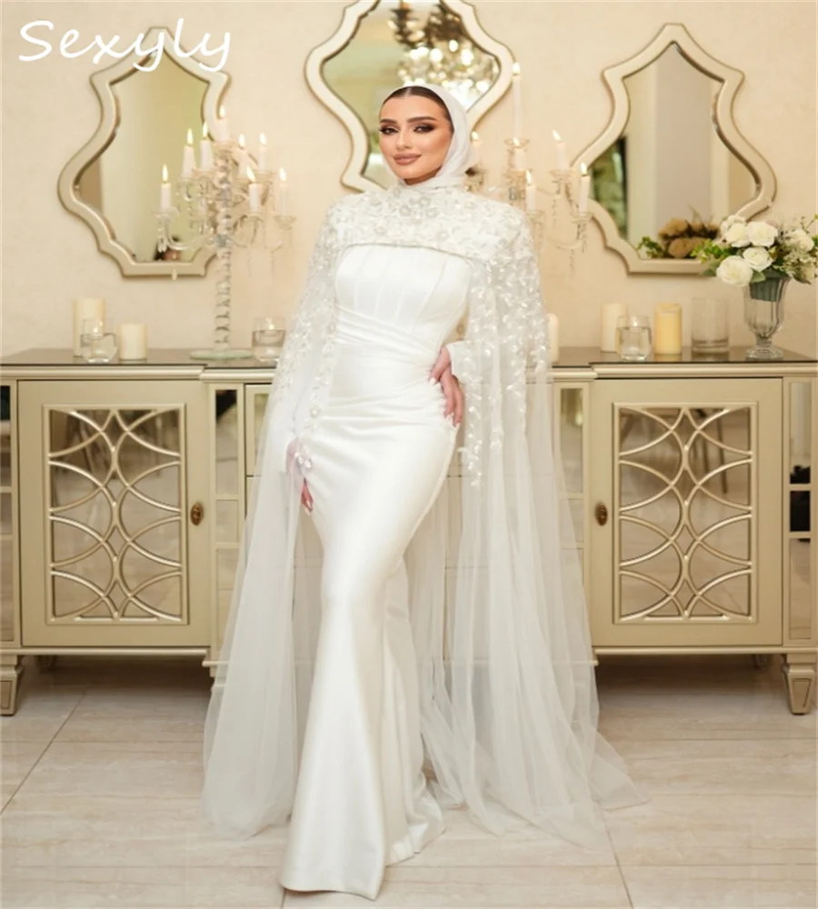 

Gorgeous Cape Muslim Wedding Dress 2025 Stunning Mermaid Church Bridal Gowns High Neck Islamic Grecian Elvish Bride Customized