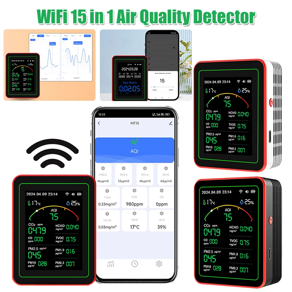 WiFi 15-in-1 Air Quality Detector TFT Display Portable AQI PM0.3 PM1.0 PM2.5 PM10 Tester APP Control Temperature Humidity Meter