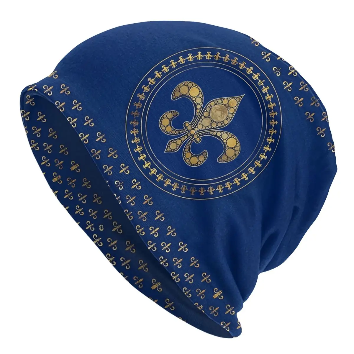 Fleur De Lis Lily Skullies Beanies Autumn Spring Hats Gold And Royal Blue Flower Thin Bonnet Hipster Caps Men Women's Earmuffs