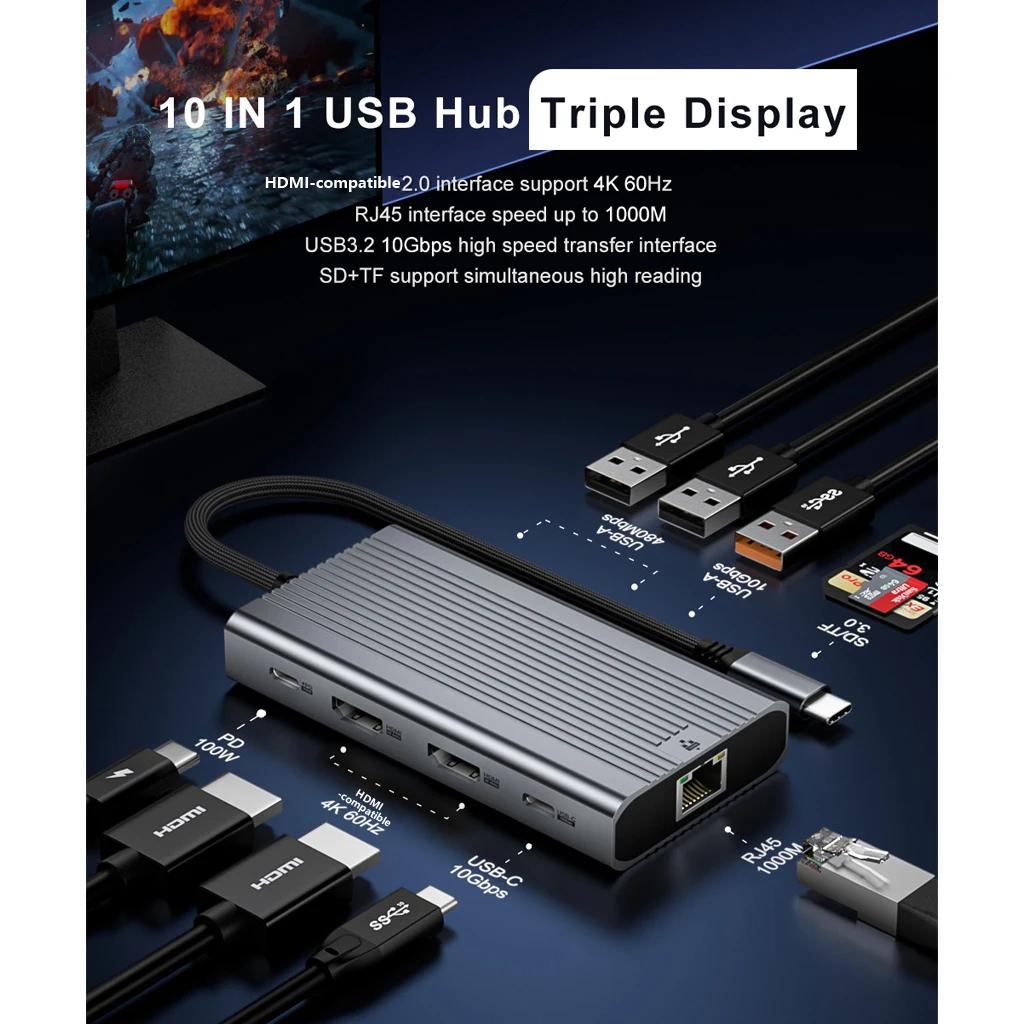 Portable 10‑Port USB‑C Docking Station Dual HDMI‑compatible 4K@60Hz PD 100W Gigabit LAN 10Gbps Data Transfer Multiport Adapter