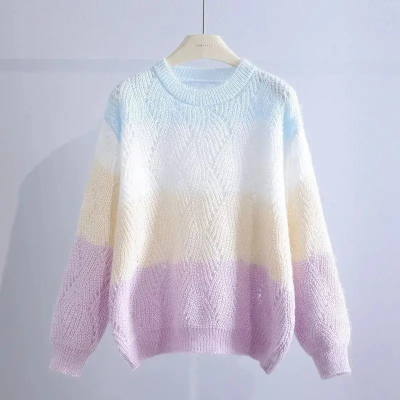 Sweet Gradient Soft Glutinous Sweater for Women\'s Autumn and Winter New Lazy Style Knitted Sweater Pullover Hollow Bottom Top