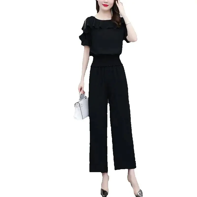 

Women's 2025 New Summer Girdle Lace Openwork Off-the-shoulder Short Sleeve Tops Wide Leg Pants Two Piece Sets For Women Clothing