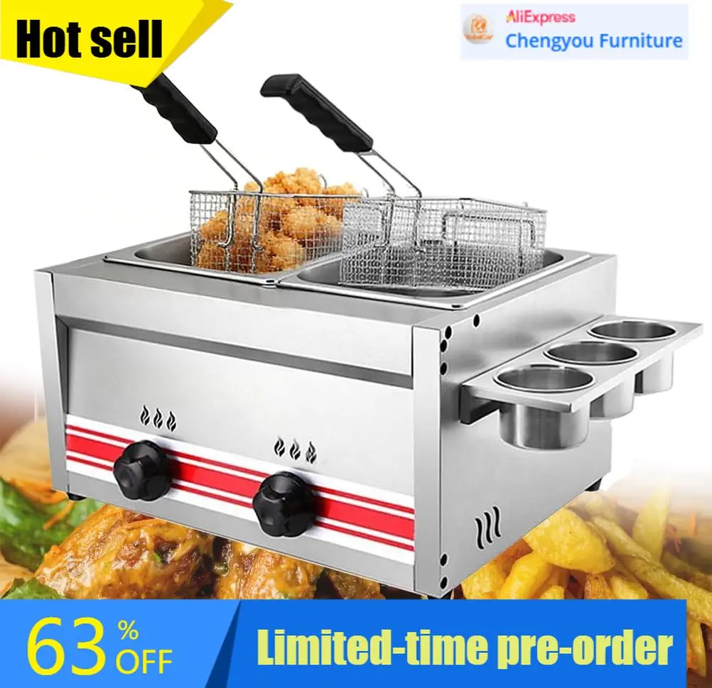 

Commercial Deep Fryer Countertop Gas Fryer Dual Tank With Two Baskets Lid For Frying Snacks