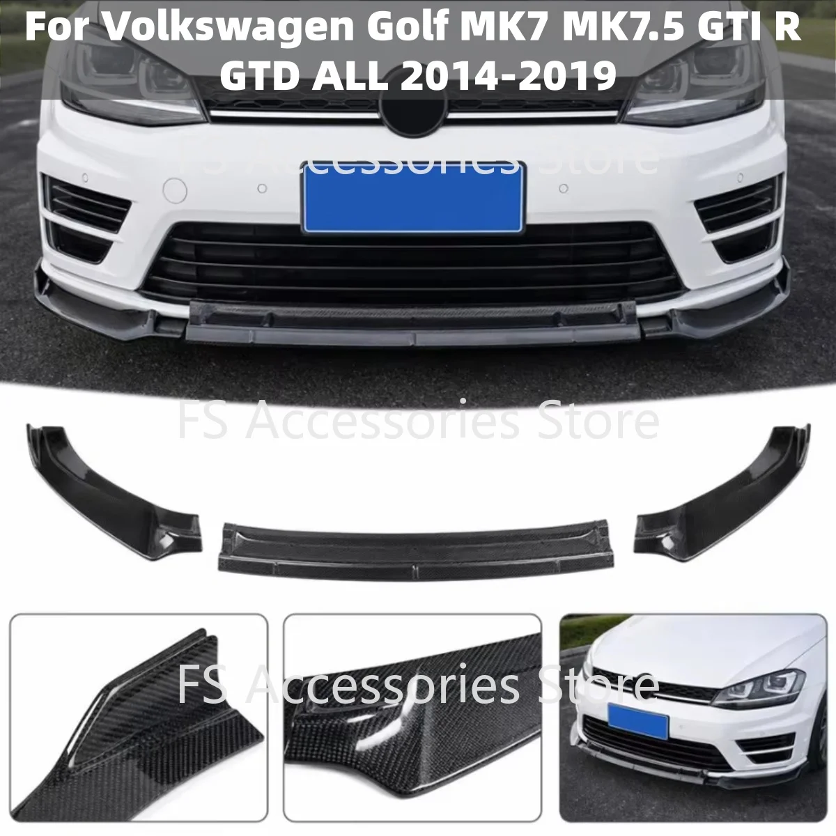 3PCS Front Bumper Splitter Lip Spoiler Body Kit 2014-2019 For VW Golf MK7 MK7.5 GTI R GTD ALL Bumper Diffuser Spoiler