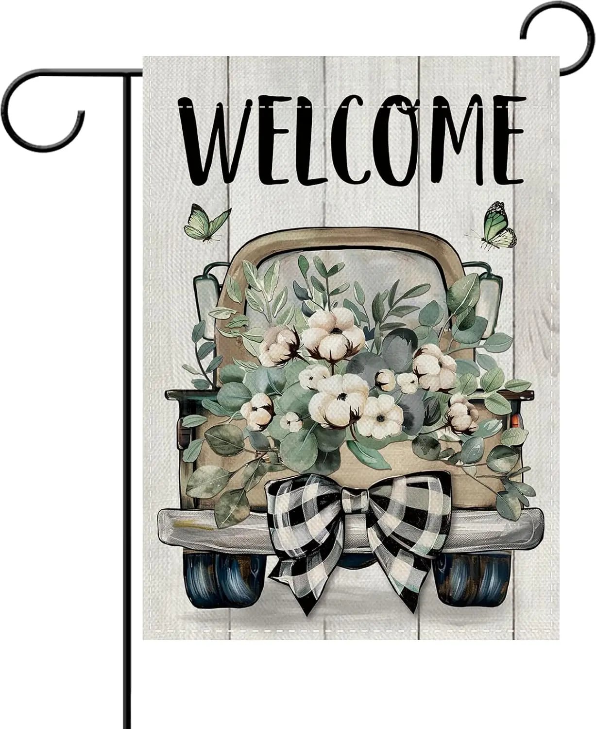 Dyrenson Welcome Spring Summer Truck Decorative Garden Flag, Cotton Eucalyptus Leaves Butterfly Yard Outside Home Decoration EEZ
