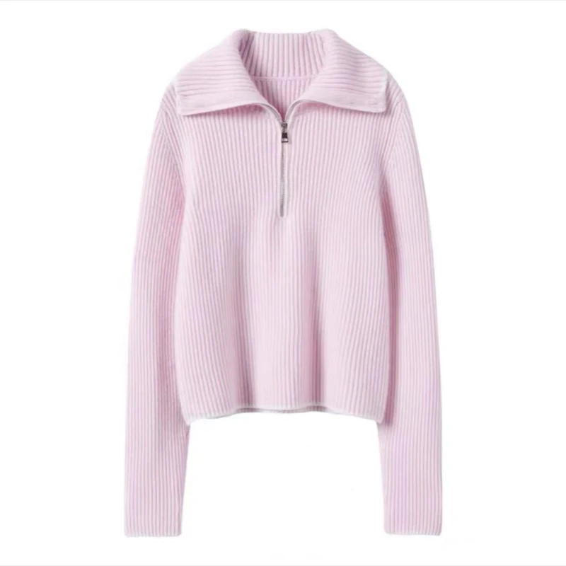 Autumn Winter Women's Long sleeved Solid Color Lapel Zipper Pullover Luxury Fashion High Quality Jumper Top Cashmere Sweater