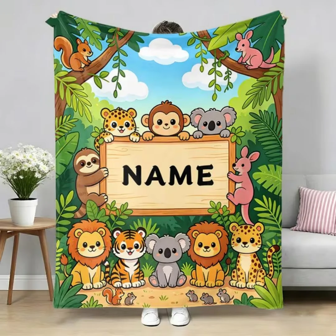 Personalized Custom Name Text Cartoon Animal Print Flannel Blanket, Ultra‑Soft All‑Season Throw Blanket for Sofa Bed Bedroom Cam