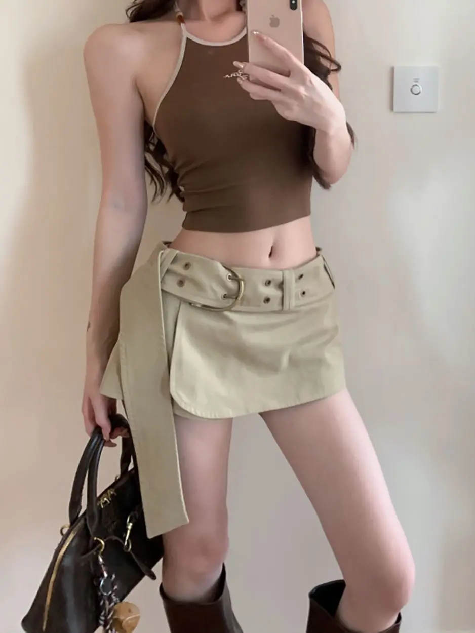 Khaki Design Hip-wrapped Short Skirt Women's Autumn New Wide Belt Anti-light Skirt