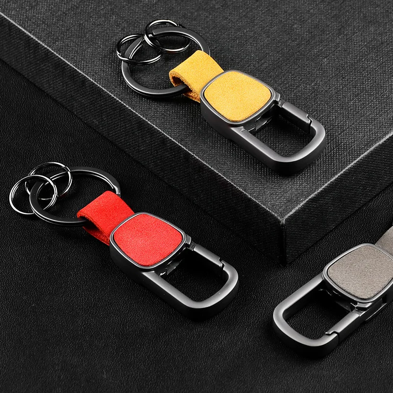 LLavero de coche de cuero genuino esmerilado para hombres y mujeres, llavero colgante de cintura, moda de negocios, dos anillos