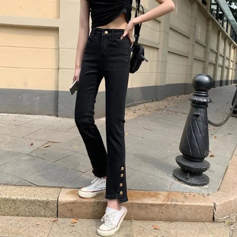 Female High Waisted Micro Horn Jeans Spring Autumn Ladies Elastic Force Nine Points Denim Pant Korean Women Cowboy Trousers