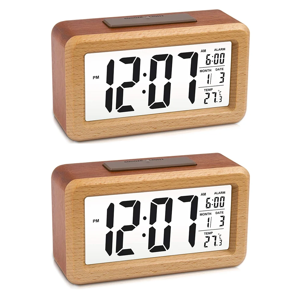 AC88-2X Wooden Large LED Digital Alarm Clock, Smart Sensor Night Light With Snooze, Date, Temperature, 12/24Hr Switchable