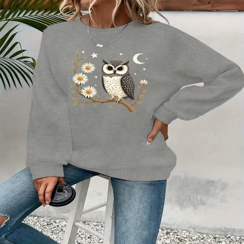 

Женская одежда, женский свитшот большого размера, большие размеры, сова, ромашки, звезды, графический длинный рукав, круглый вырез, дышащая ткань, комфорт
