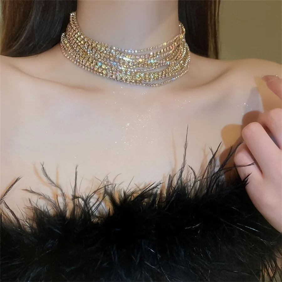 Luxury Colorful Crystal Chokers Necklaces for Women Multilayer Gold Color Chain Rhinestone Necklaces Statements Jewelry