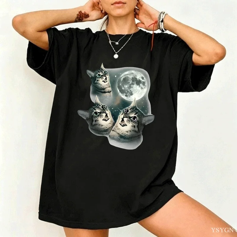 Three Cat Moon T Shirt Women Man Cotton Short Sleeve Funny Cat Parody T-shirt Wolf Moon Cat Cute Kitten Tshirt Male Clothes Tops