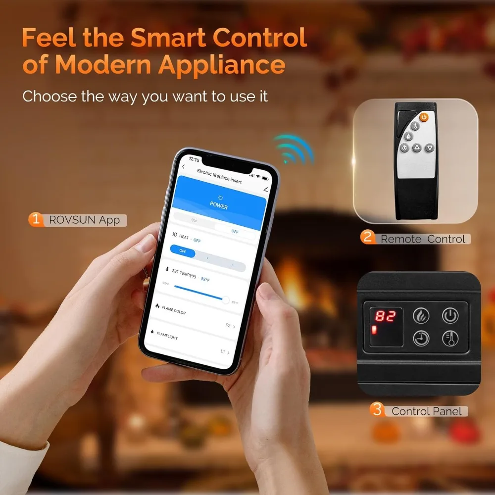 Smart Electric Fireplace Insert with APP & Remote, 1500W Recessed Heater, 8H Timer, 3 Flame Colors, 5 Brightness Levels