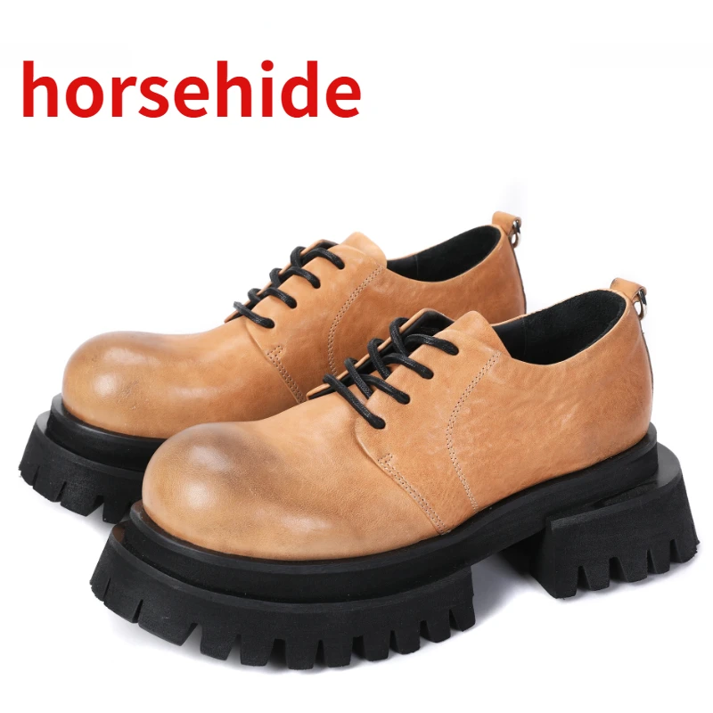 Horsehide Thick Platform Shoes for Men's Genuine Leather Hand Sewn Comfortable Height Increased Black Daily Fashion Casual Shoes