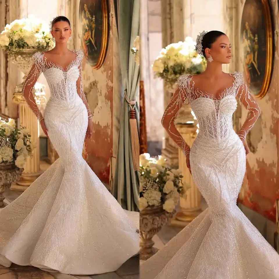 

Flavinke Customized Sexy Elegant Mermaid Gown Wedding Dresses Luxury Beading Long Sleeve Evening Dresses Gown Vestido De Noiva