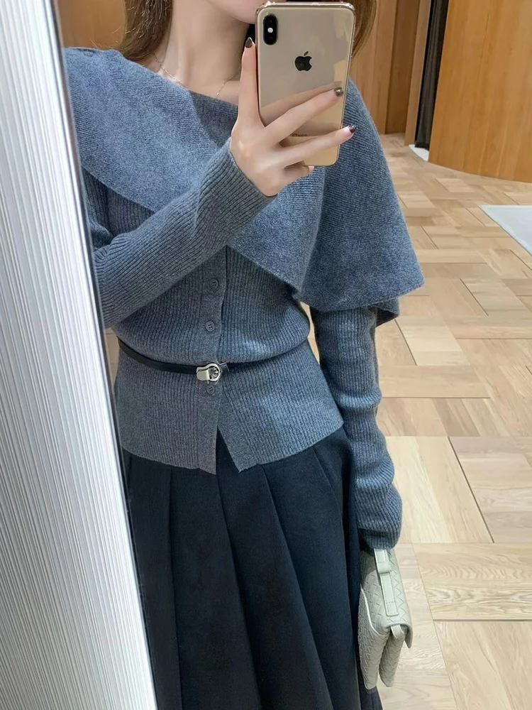 Sweater Rajut Panjang Modis Wanita Slim Fit Asimetris Nuansa Mewah Musim Gugur Trendi Atasan Model Bungkus Bahu