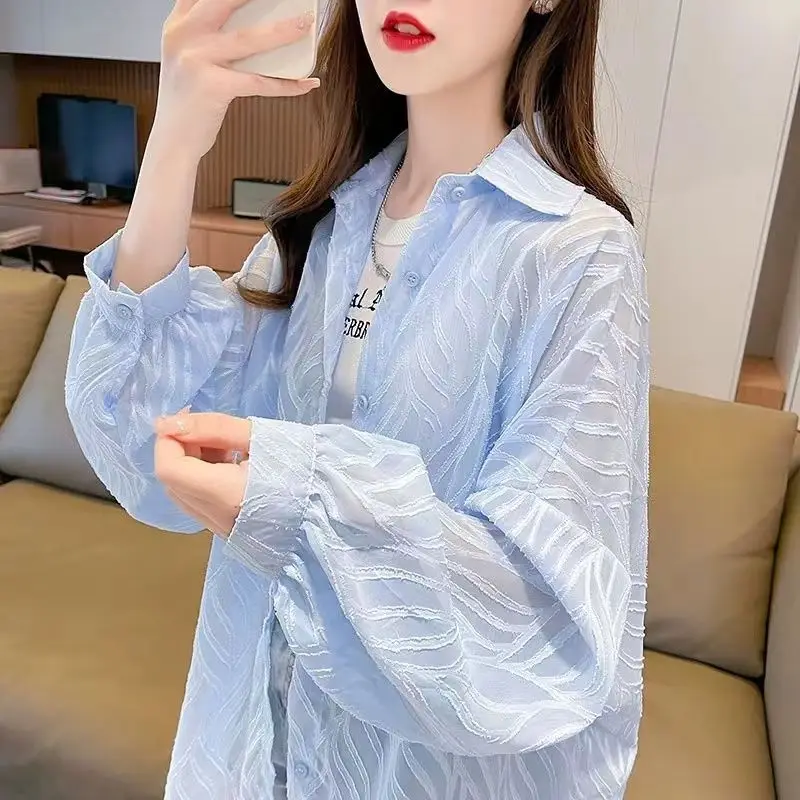 

Trendy Long Sleeve Shirt Sunscreen Clothes Women Summer New Loose Thin Breathable Cardigan Jacket Tops White Blouse Femmes Pink