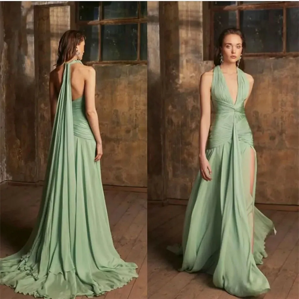 2023 Longue mousseline de soie vert robes de soirée avec fente A-ligne occasion formelle robes de soirée dos ouvert col en v sirène femmes PartyCL-378