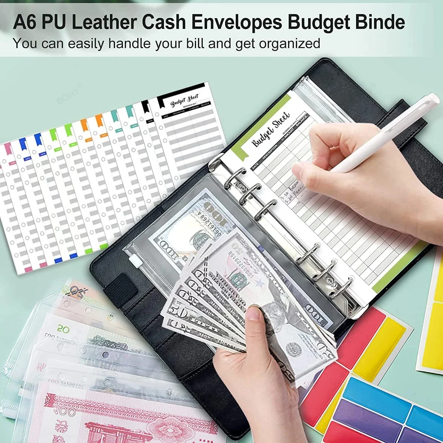 New A6 Pu Leather Budget Binder Notebook Cash Envelopes System Set Clip-On Binder Pockets for Money Budget Saving Bill Organizer