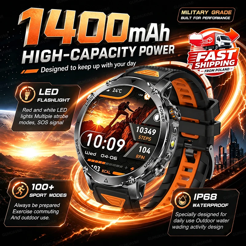 2026 NOUVELLE Montre Intelligente Militaire Améliorée pour l'Extérieur, Batterie 1400 mAh, Écran 1,7 pouces, Lampe Torche LED Tactique, Étanche IP68, Plus de 100 Sports, Gestion de la Santé 24/7, Montre d'Appel HD