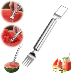 2-in-1 Stainless Steel Fruit Cutter, 2024 New Watermelon Fork Slicer Cutter, Dual Head Fruit Forks Slicer Watermelon Cutter Tool