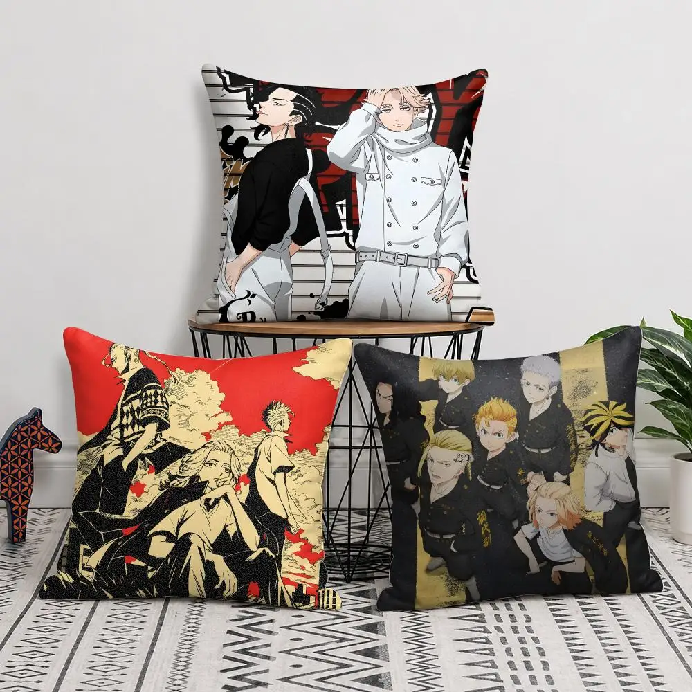 Anime T-Tokyo Revengers Cushion Cover Silky Short Plush Invisible Zipper Dustproof Sofa Pillow Case For Home Decor