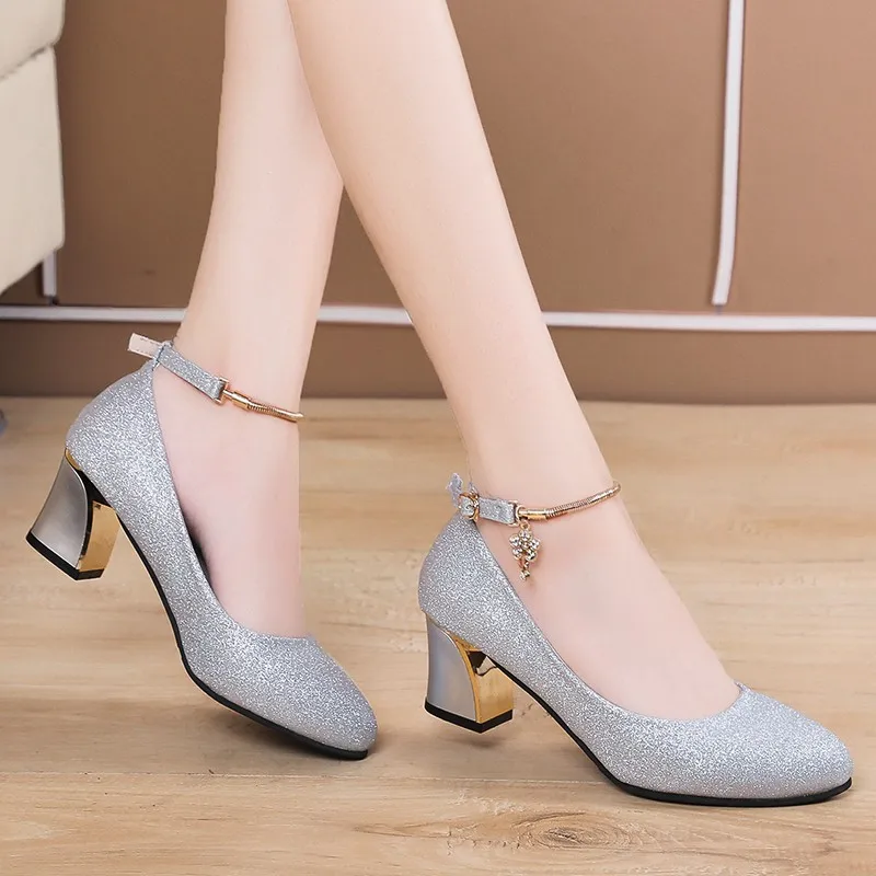 Women Wedding High Heel Shoes Silver Blue Spring Ankle Strap Crystal Shallow Chunky Block Heel Pumps Lady Plus Size