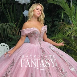 EVLAST Customized Pink Beading Tassel Ball Gown Quinceanera Dress Off Shoulder Applique Sweet 16 Vestidos De 15 Anos TQD839