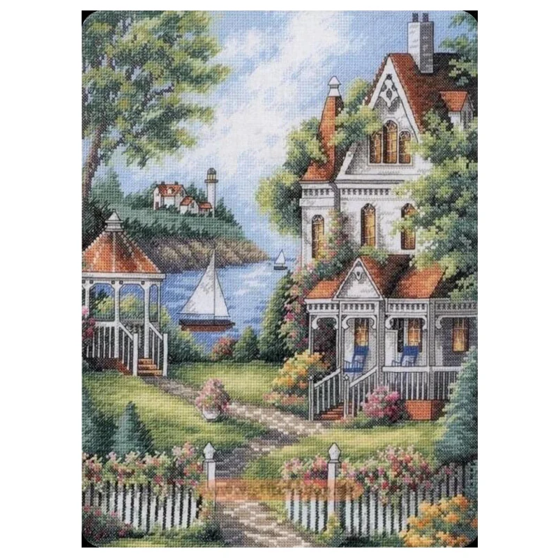 Amishop Gold Collection Counted Cross Stitch Kit, Cove, Lodge, Villa House at the Lake, Dim 35128