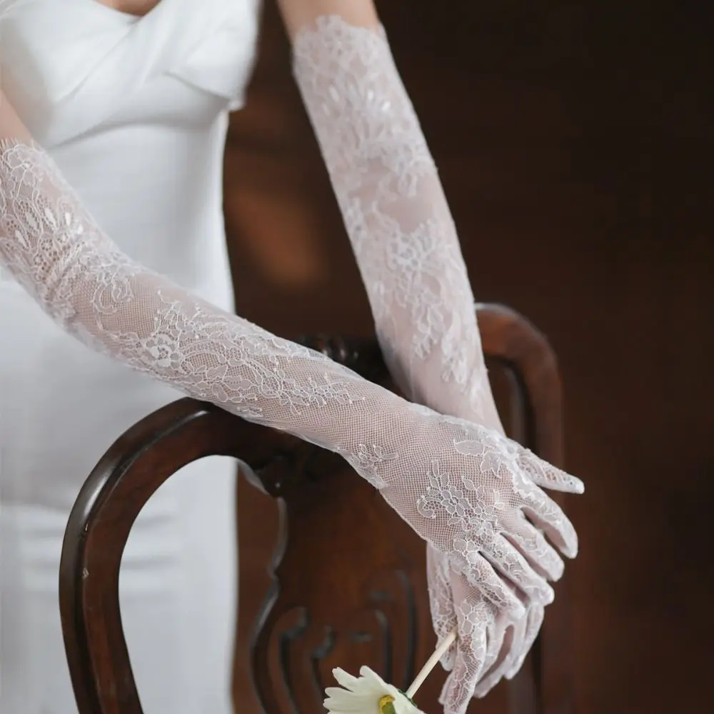Retro Elegant Cosplay Dinner Dress Banquet Mesh Bridal Mesh Gloves Party Wedding Mittens Lace Long Gloves
