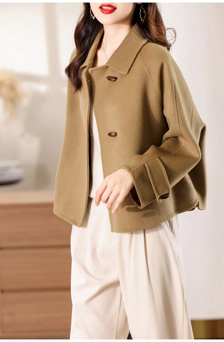 100% Merino Pure Wool Handmade Double-Sided Cloth Chic Coat Women's Short Oxhorn Button Heavy Coat High Street Elegant Top