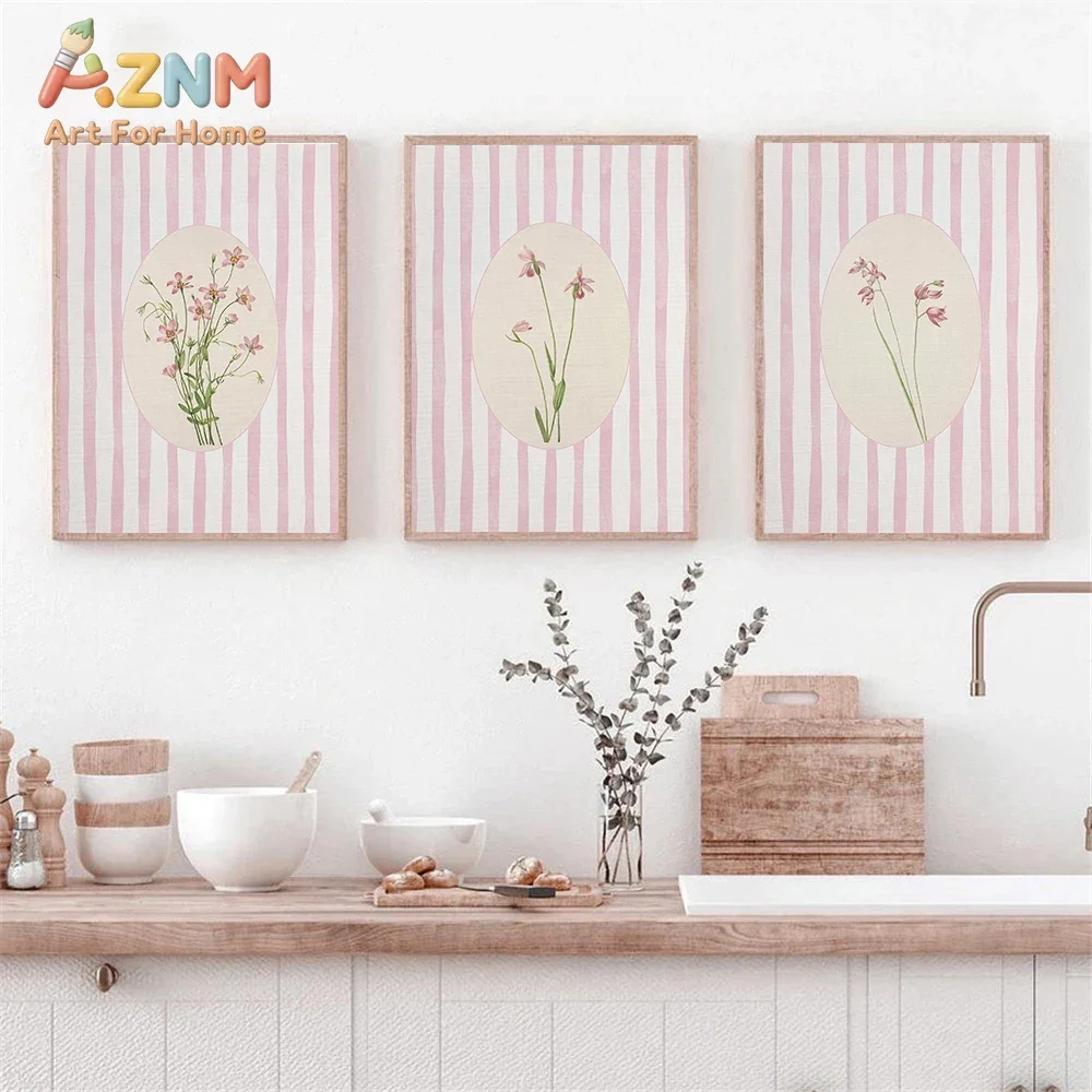 AZNM Vintage Striped Background Wildflower Canvas Wall Art Retro Botanical Floral Print Painting for Cottagecore Girls Bedroom D