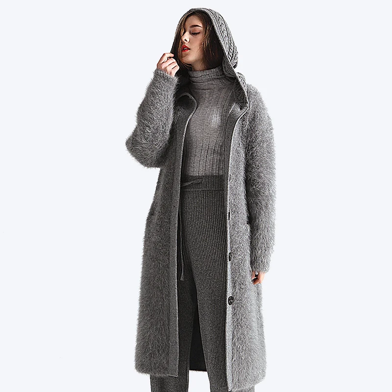 BAHTLEE-Women's Angora Rabbit Hat Cardigans, Super Long Sweater, Loose, Flash Pearl, Button Pocket, Very Thick,  Winter