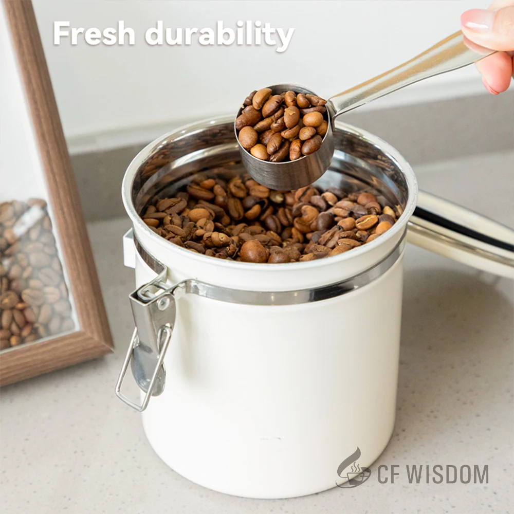 CF WISDOM Stainless Steel Sealed Canister Coffee Bean Storage Canister Snack Canister Bean Canister 1500ML white Shock Resistant