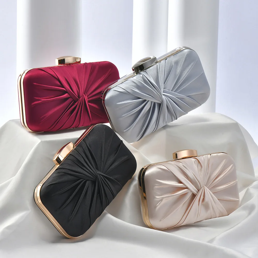 

Glossy Silver Satin Evening Clutch Bag, Elegant Knot Design Purse, Formal Wedding Party Handbag With Chain Crossbody Strap